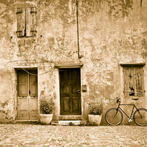 Old Facade With Bicycle, Sepia Toned